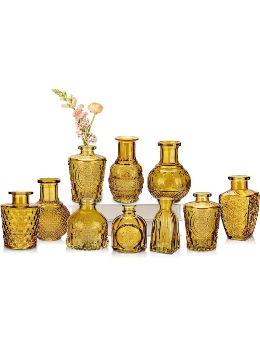 Set of 10 Mini Vintage Amber Glass Bud Vases for Rustic Wedding & Home Decor